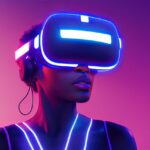 xr, mr, mixed reality, virtual reality, augmented reality, metaverse, african american, female, woman, lady, girl, black, america, pink, purple, blue, neon, lighting