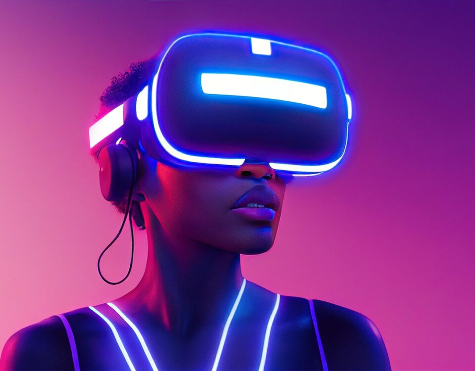 xr, mr, mixed reality, virtual reality, augmented reality, metaverse, african american, female, woman, lady, girl, black, america, pink, purple, blue, neon, lighting