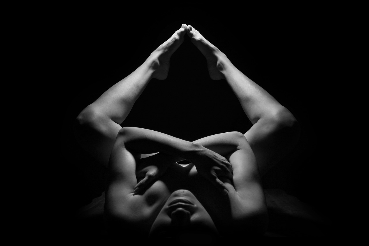 woman, body, yoga, pose, yoga pose, naked body, female body, skin, female, girl, dark, model, position, shadows, monochrome, black and white