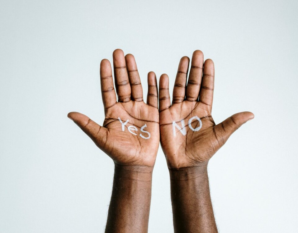 Two hands with 'Yes' and 'No' on palms depicting choice and decision making.