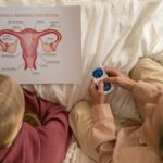 A mother and daughter learning about female reproductive health and contraception.